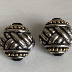 Vintage Earrings Clip On Silver & Gold Tone Black Glass Signed TJ Basket Weave